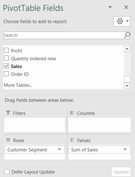 Pivot table field list for the Excel pivot table pictured.