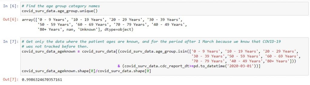 Code to filter for only patients with a known age group, and data collected on or after 1 March 2020.