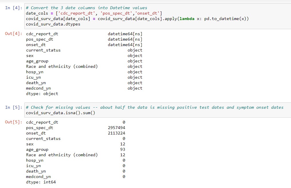 Code converting 3 date columns: the CDC report date, positive test date, and symptom onset date into datetime values.