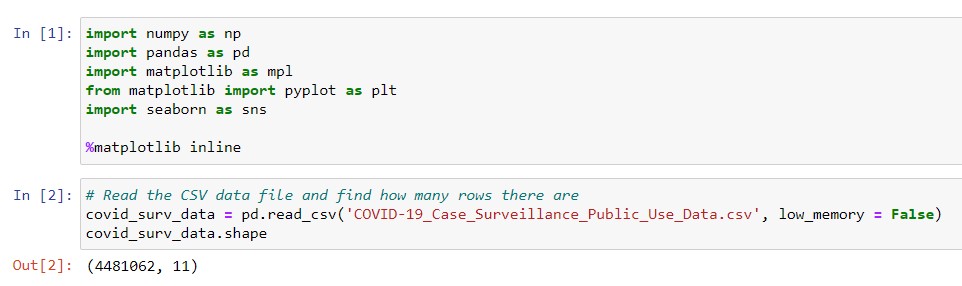 Code for importing libraries and reading the file. The file has 4.5 million rows.