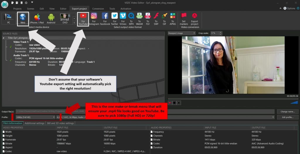 Screen shot of the export page in my video editing software, showing the export settings to get my first vlog in the correct resolution.